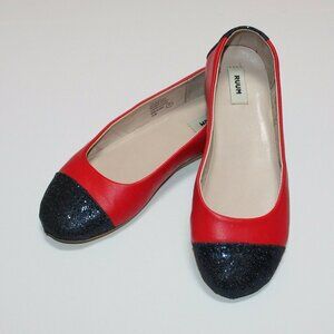 Ruum Girl's Red Flats Shoes with Sparkle Blue Toes and Heels size 1M